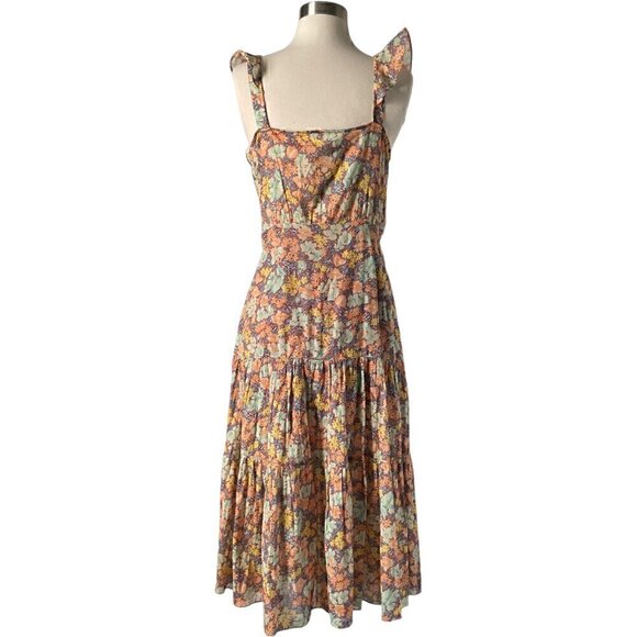 Veronica Beard Malgosia Floral Cotton Midi Dress Ruffle Tiered Orange 4 - Picture 5 of 9